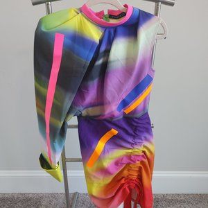 Fyodor Golan Size 6 Women's A Line One Shoulder Long Sleeve Dress Neon Rainbow